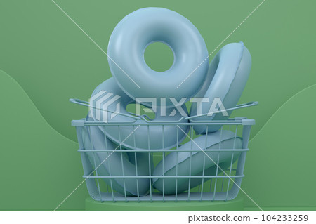 Inflatable rings and beach ball on podium on monochrome background. Inflatable rings and beach ball on podium on monochrome background. 104233259