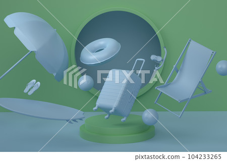 Beach surf, chair, umbrellas and lugagge on podium on monochrome background. Beach surf, chair, umbrellas and lugagge on podium on monochrome background. 104233265