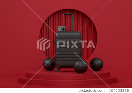 Suitcase and baggage on podium or pedestal on monochrome background. 104233266