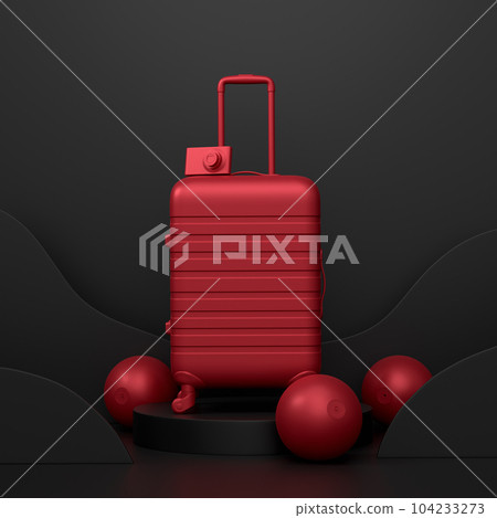 Luggage with beach accessories on podium on monochrome background. Luggage with beach accessories on podium on monochrome background. 104233273