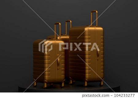 Suitcase and baggage on podium or pedestal on monochrome background. Suitcase and baggage on podium or pedestal on monochrome background. 104233277