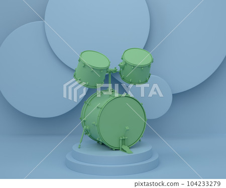 Drums with metal cymbals or drumset on cylinder podium with step on monochrome 104233279