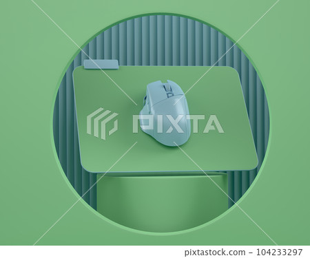 Wireless gaming computer mouse on cylinder podium with step on monochrome Wireless gaming computer mouse on cylinder podium with step on monochrome 104233297
