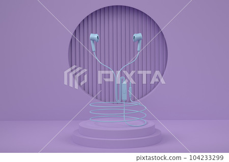 Realistic gaming headphones on cylinder podium with step on monochrome 104233299