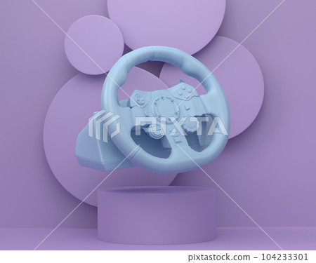 Realistic leather steering wheel on cylinder podium with step on monochrome 104233301