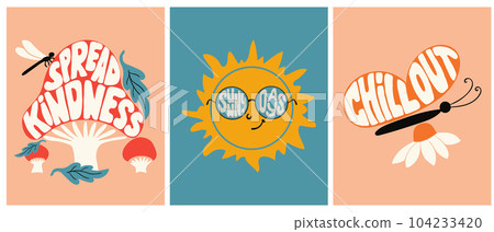 Nostalgic hippie typographic lettering set. Groovy hand drawn slogans in shape of mushroom, sunglasses and butterfly. Trendy print design for posters, cards, tshirt, social media graphics Nostalgic hippie typographic lettering set. Groovy hand drawn slogans in shape of mushroom, sunglasses and butterfly. Trendy print design for posters, cards, tshirt, social media graphics 104233420