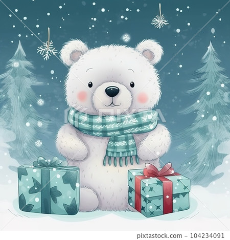Cute teddy bear in a red knitted hat and scarf with a Christmas tree and snowflakes. Watercolor 104234091