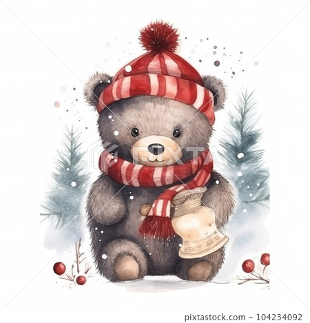 Cute teddy bear in a red knitted hat and scarf with a Christmas tree and snowflakes. Watercolor 104234092