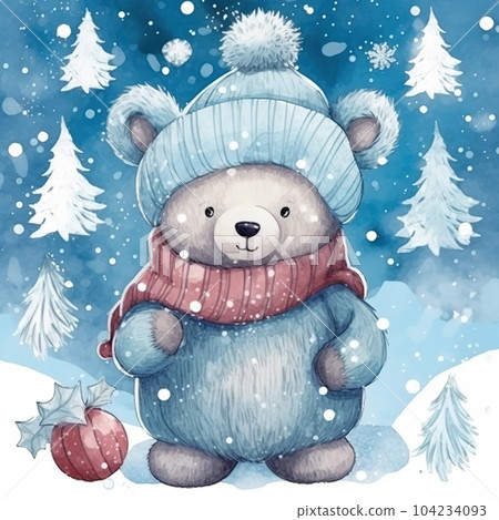 Cute teddy bear in a red knitted hat and scarf with a Christmas tree and snowflakes. Watercolor 104234093