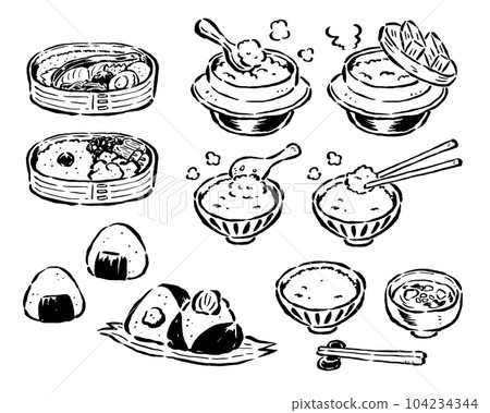 各種米飯(飯盒、飯糰、飯鍋、飯碗)畫筆觸摸插圖,僅限單色線描 各種米飯(飯盒、飯糰、飯鍋、飯碗)畫筆觸摸插圖,僅限單色線描 104234344