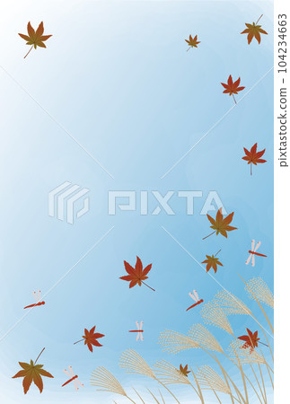 秋季晴空水彩風格背景圖框，有秋葉、潘帕斯草和紅蜻蜓圖案 104234663