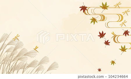 日式水彩背景插畫框架，秋葉、潘帕斯草和蜻蜓圖案 104234664
