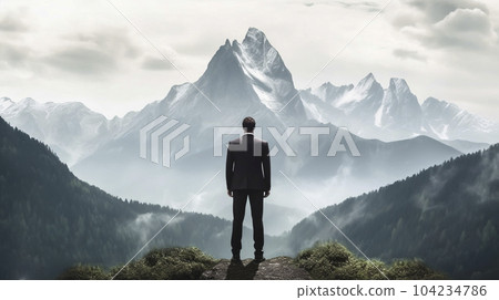 Businessman looking at a towering mountain "AI generated image" Businessman looking at a towering mountain "AI generated image" 104234786