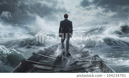 Stormy ocean and businessman "AI generated image" 104234791
