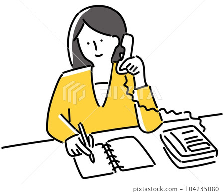 Woman taking notes while answering the phone Woman taking notes while answering the phone 104235080