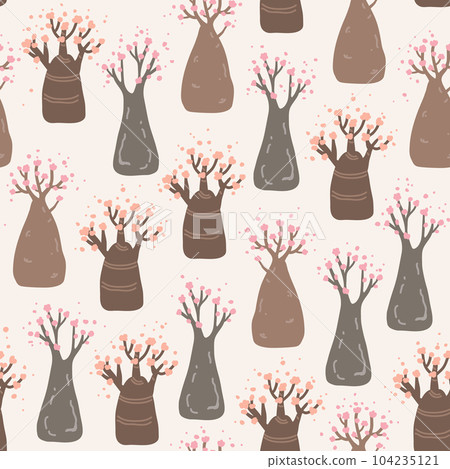 Cartoon bottle tree forest seamless pattern. Desert rose in bloom, Adenium Obesum flowers, or red impala lily in blossom. Vector illustration. 104235121