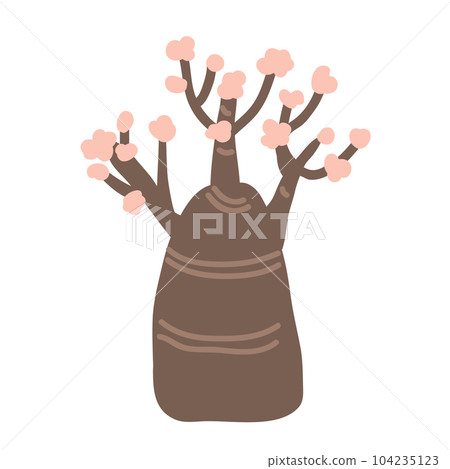 Cartoon bottle tree with flowers isolated vector illustration. Desert rose, Adenium Obesum, or red impala lily in blossom 104235123