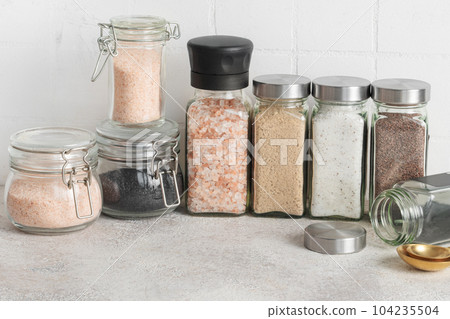 Jars with assorted speciality salt Jars with assorted speciality salt 104235504