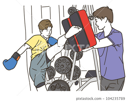 Young men and trainers doing martial arts kicks 104235789