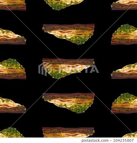 Turkish baklava. Oriental sweets. Watercolor seamless pattern on a dark background. Can be used for textile design, paper products Turkish baklava. Oriental sweets. Watercolor seamless pattern on a dark background. Can be used for textile design, paper products 104235807