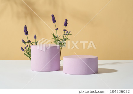 Two purple podiums in cylinder shape are decorated with lavender flowers over beige background. Lavender (Lavandula) may provide support for people with anxiety Two purple podiums in cylinder shape are decorated with lavender flowers over beige background. Lavender (Lavandula) may provide support for people with anxiety 104236022