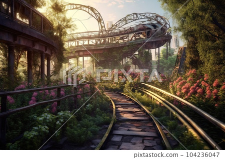 Abandoned amusement park where nature has taken over, with rusted roller coasters intertwined with vibrant vines and wildflowers illustration generative ai 104236047