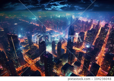 An aerial view of a fantasy futuristic bustling cityscape at night, with skyscrapers illuminated by a sea of dazzling lights illustration generative ai 104236048