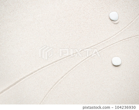 Zen Garden Background,Pattern Sand japanese with Circle Rock and Abstract Texture Line on White Beach,Spa Nature Harmony Top View Calm  Balance Lifestyle Peace Scene,Meditation Japan,Stone Pebble. 104236930