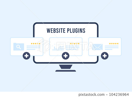 Website plugin concept - enhance ecommerce CMS with extensions. Improve digital marketing with SEO plugins and web developer extensions. Flat design vector illustration Website plugin concept - enhance ecommerce CMS with extensions. Improve digital marketing with SEO plugins and web developer extensions. Flat design vector illustration 104236964