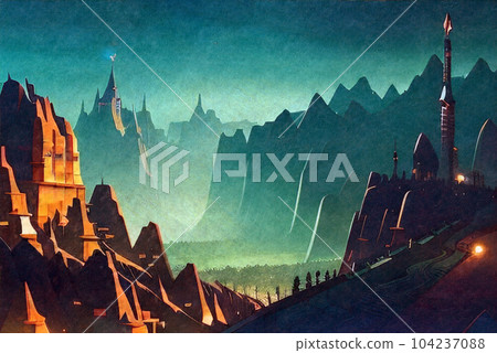 陡峭山脈和白色的城市 | 奇幻遊戲背景 | 生成 AI 104237088