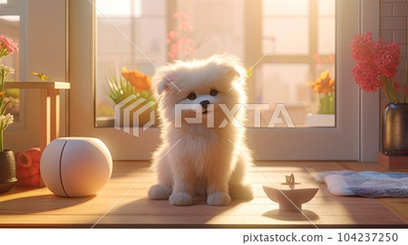 Portrait of pet, cute and funny pet. pet posing looking at camera sitting on the floor, love and care concept, selective focus. Generative AI illustration Portrait of pet, cute and funny pet. pet posing looking at camera sitting on the floor, love and care concept, selective focus. Generative AI illustration 104237250