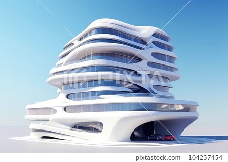 3D futuristic sci-fi white city architecture with organic skyscrapers, for science fiction or fantasy backgrounds, Abstract building, Generative AI illustration 104237454