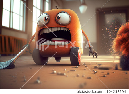 Vacuum cleaner cute and funny monster in the room. Dustsucker mascot character. Generated AI. 104237594