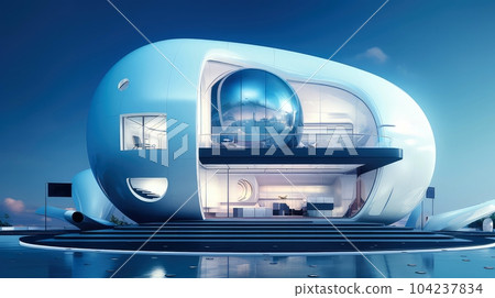 3D futuristic sci-fi white blue city architecture with organic skyscrapers, for science fiction or fantasy backgrounds, Abstract building, Generative AI illustration 104237834