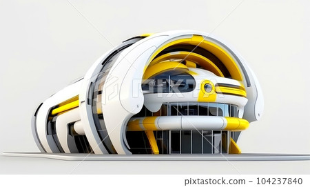 3D futuristic sci-fi white yellow city architecture with organic skyscrapers, for science fiction or fantasy backgrounds, Abstract building, Generative AI illustration 104237840