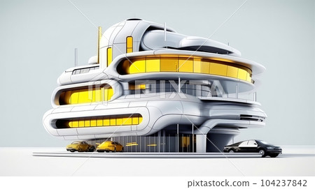 3D futuristic sci-fi white yellow city architecture with organic skyscrapers, for science fiction or fantasy backgrounds, Abstract building, Generative AI illustration 104237842