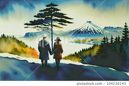 老夫婦的日本之旅水彩插圖生成AI 104238143