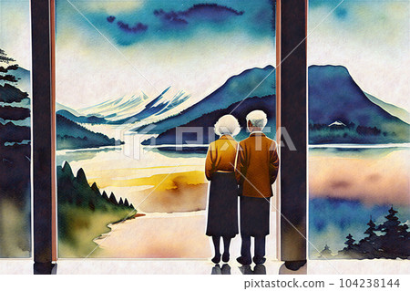 一對老年夫婦的旅行風景水彩畫生成AI 104238144