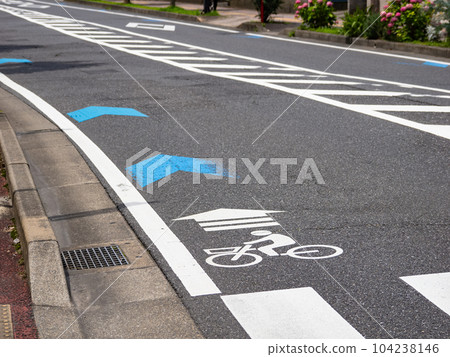 Bicycle navigation mark (white) and bicycle navigation line (blue) installed at the left end of the roadway 104238146