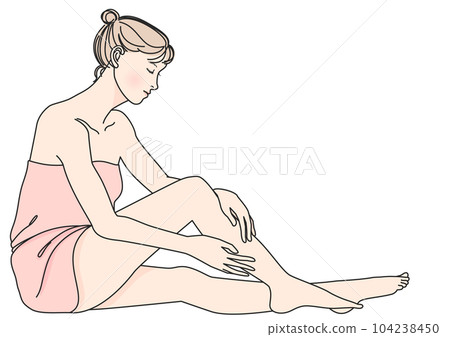 Illustration of a young Japanese woman self-massaging her legs after a bath, full body, side view, profile 104238450