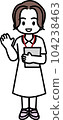 Female nurse holding a board with one hand raised 3 104238463