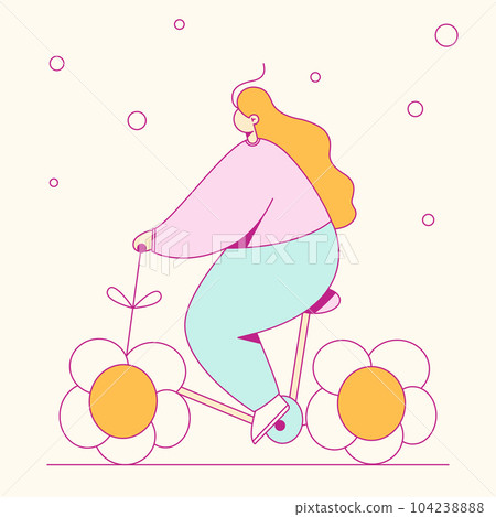 Funny smiling girl on bicycle with flowers wheels Funny smiling girl on bicycle with flowers wheels 104238888