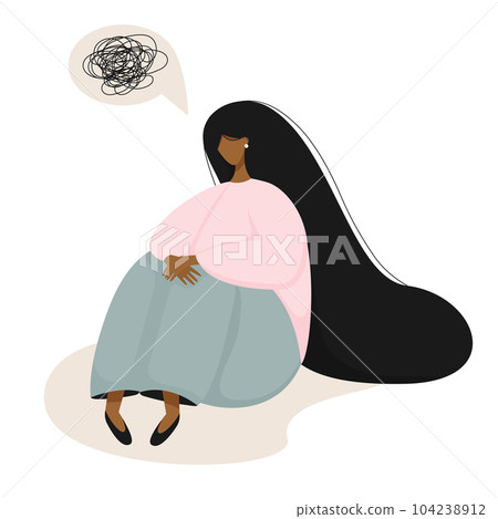 Young tired girl sits and sadly hugs her knees. Young tired girl sits and sadly hugs her knees. 104238912