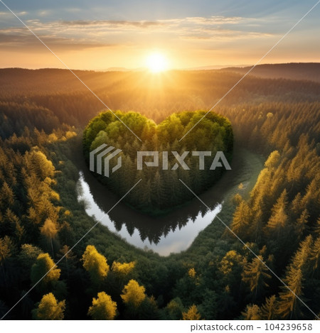 Heart in an island by a forest on a lake, landscape of love and romance for dreamy lovers Heart in an island by a forest on a lake, landscape of love and romance for dreamy lovers 104239658