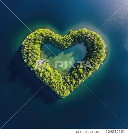 Heart shape island in the forest from aerial view in concept of environment caring devotion, water sustainability and global warming protection . Heart shape island in the forest from aerial view in concept of environment caring devotion, water sustainability and global warming protection . 104239661