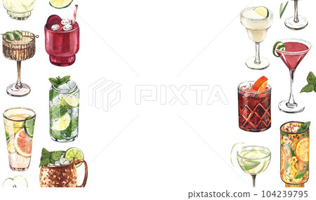 Watercolor frame, cocktail glasses: martini, gin,margarita,mojito,liquor,rum,moscow mule. Hand-drawn illustration isolated on white background. Perfect for recipe lists with alcoholic drinks, for cafe Watercolor frame, cocktail glasses: martini, gin,margarita,mojito,liquor,rum,moscow mule. Hand-drawn illustration isolated on white background. Perfect for recipe lists with alcoholic drinks, for cafe 104239795