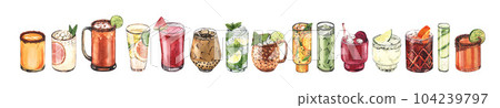 Watercolor cocktail glasses set: martini, gin, wine, margarita, goblet, liquor, rum. Hand-drawn illustration isolated on white background. Perfect for recipe lists with alcoholic drinks, for cafe Watercolor cocktail glasses set: martini, gin, wine, margarita, goblet, liquor, rum. Hand-drawn illustration isolated on white background. Perfect for recipe lists with alcoholic drinks, for cafe 104239797