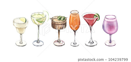 Watercolor cocktail glasses set: martini, gin, wine, margarita, goblet, liquor, rum. Hand-drawn illustration isolated on white background. Perfect for recipe lists with alcoholic drinks, for cafe Watercolor cocktail glasses set: martini, gin, wine, margarita, goblet, liquor, rum. Hand-drawn illustration isolated on white background. Perfect for recipe lists with alcoholic drinks, for cafe 104239799