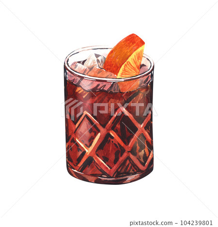 Negroni cocktail drink with ice cubes and orange. Isolated on white background. Negroni cocktail drink with ice cubes and orange. Isolated on white background. 104239801