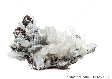 Macro mineral stone Drusus quartz with sphalerite in the rock a white background 104239997